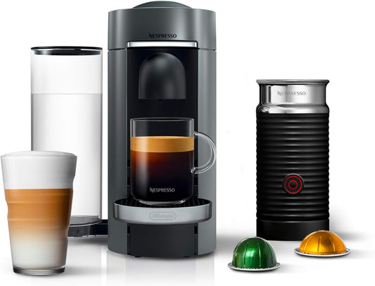 Roll over image to zoom in        6 VIDEOS Nespresso VertuoPlus Deluxe Coffee and Espresso Machine by De'Longhi with Milk Frother, Titan,Gray