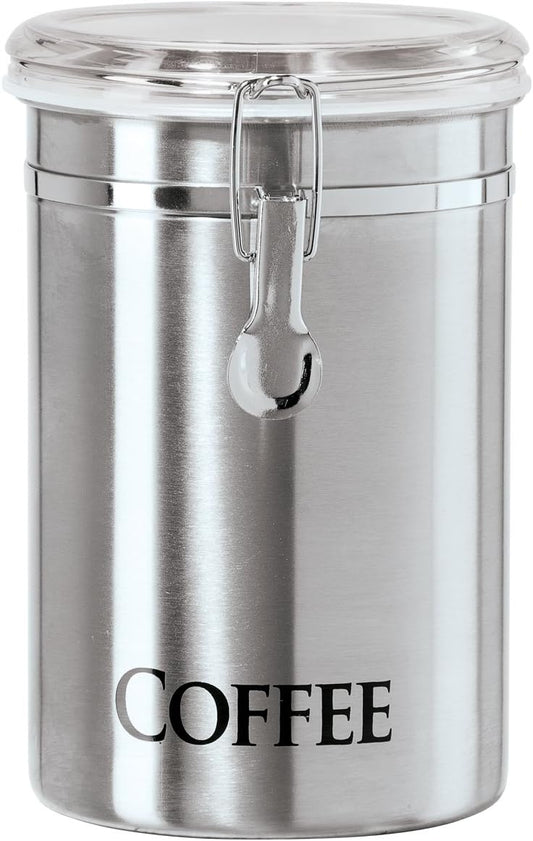 Oggi Stainless Steel Coffee Canister 62oz - Airtight Clamp Lid, Clear See-Thru Top - Ideal for Coffee Bean Storage, Ground Coffee Storage, Kitchen Storage, Pantry Storage. Large Size 5" x 7.5".